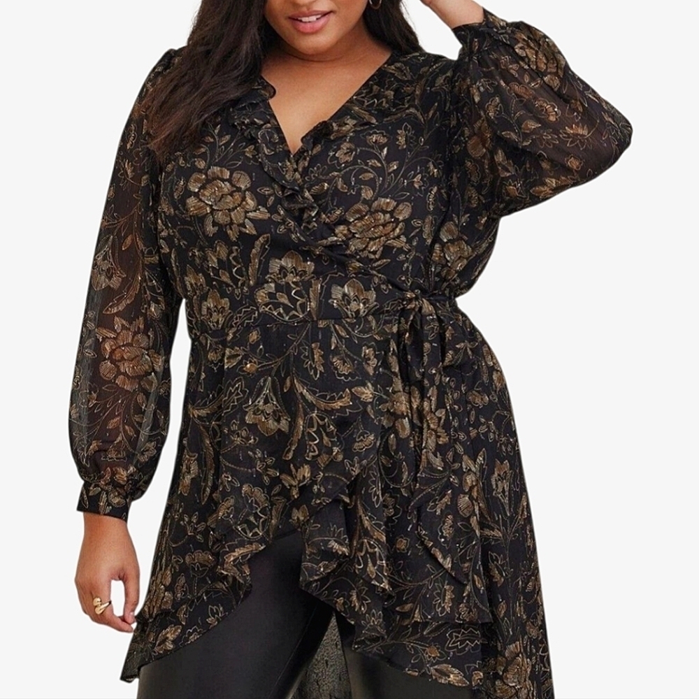 TORRID Chiffon Layered Tie Front Surplice Tunic in Black And Gold 14